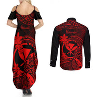 Hawaii Couples Matching Summer Maxi Dress and Long Sleeve Button Shirts Pineapple Mix Polynesian Plumeria Red Version LT14 - Polynesian Pride