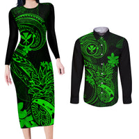 hawaii-couples-matching-long-sleeve-bodycon-dress-and-long-sleeve-button-shirts-pineapple-mix-polynesian-plumeria-green-version