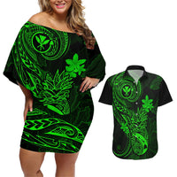 hawaii-couples-matching-off-shoulder-short-dress-and-hawaiian-shirt-pineapple-mix-polynesian-plumeria-green-version