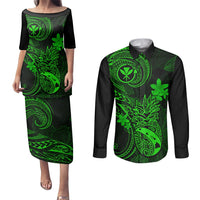 Hawaii Couples Matching Puletasi Dress and Long Sleeve Button Shirts Pineapple Mix Polynesian Plumeria Green Version LT14 Green - Polynesian Pride