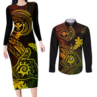 hawaii-couples-matching-long-sleeve-bodycon-dress-and-long-sleeve-button-shirts-shaka-tattoo-mix-polynesian-plumeria-reggae-version