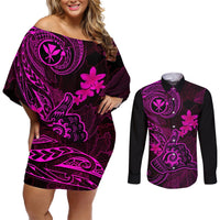 Hawaii Couples Matching Off Shoulder Short Dress and Long Sleeve Button Shirts Shaka Tattoo Mix Polynesian Plumeria Pink Version LT14 Pink - Polynesian Pride