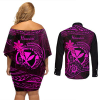 Hawaii Couples Matching Off Shoulder Short Dress and Long Sleeve Button Shirts Shaka Tattoo Mix Polynesian Plumeria Pink Version LT14 - Polynesian Pride