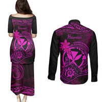Hawaii Couples Matching Puletasi Dress and Long Sleeve Button Shirts Shaka Tattoo Mix Polynesian Plumeria Pink Version LT14 - Polynesian Pride