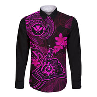 Hawaii Long Sleeve Button Shirt Shaka Tattoo Mix Polynesian Plumeria Pink Version LT14 Unisex Pink - Polynesian Pride