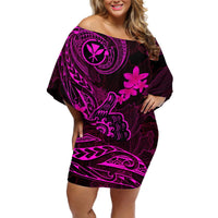 Hawaii Off Shoulder Short Dress Shaka Tattoo Mix Polynesian Plumeria Pink Version LT14 Women Pink - Polynesian Pride