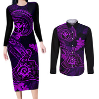 hawaii-couples-matching-long-sleeve-bodycon-dress-and-long-sleeve-button-shirts-shaka-tattoo-mix-polynesian-plumeria-purple-version