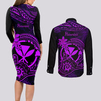 hawaii-couples-matching-long-sleeve-bodycon-dress-and-long-sleeve-button-shirts-shaka-tattoo-mix-polynesian-plumeria-purple-version