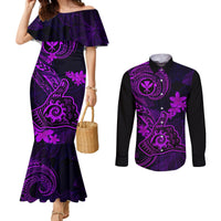 Hawaii Couples Matching Mermaid Dress and Long Sleeve Button Shirts Shaka Tattoo Mix Polynesian Plumeria Purple Version LT14 Purple - Polynesian Pride