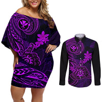 Hawaii Couples Matching Off Shoulder Short Dress and Long Sleeve Button Shirts Shaka Tattoo Mix Polynesian Plumeria Purple Version LT14 Purple - Polynesian Pride