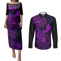 Hawaii Couples Matching Puletasi Dress and Long Sleeve Button Shirts Shaka Tattoo Mix Polynesian Plumeria Purple Version LT14 Purple - Polynesian Pride