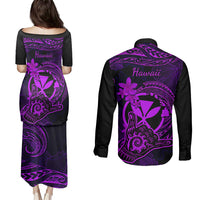 Hawaii Couples Matching Puletasi Dress and Long Sleeve Button Shirts Shaka Tattoo Mix Polynesian Plumeria Purple Version LT14 - Polynesian Pride