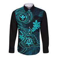Hawaii Long Sleeve Button Shirt Shaka Tattoo Mix Polynesian Plumeria Turquoise Version LT14 Unisex Turquoise - Polynesian Pride