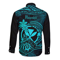 Hawaii Long Sleeve Button Shirt Shaka Tattoo Mix Polynesian Plumeria Turquoise Version LT14 - Polynesian Pride