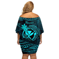 Hawaii Off Shoulder Short Dress Shaka Tattoo Mix Polynesian Plumeria Turquoise Version LT14 - Polynesian Pride