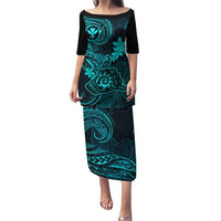 Hawaii Puletasi Shaka Tattoo Mix Polynesian Plumeria Turquoise Version LT14 Long Dress Turquoise - Polynesian Pride