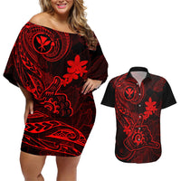 Hawaii Couples Matching Off Shoulder Short Dress and Hawaiian Shirt Shaka Tattoo Mix Polynesian Plumeria Red Version LT14 Red - Polynesian Pride