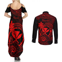 Hawaii Couples Matching Summer Maxi Dress and Long Sleeve Button Shirts Shaka Tattoo Mix Polynesian Plumeria Red Version LT14 - Polynesian Pride