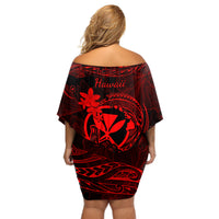 Hawaii Off Shoulder Short Dress Shaka Tattoo Mix Polynesian Plumeria Red Version LT14 - Polynesian Pride