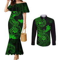 Hawaii Couples Matching Mermaid Dress and Long Sleeve Button Shirts Shaka Tattoo Mix Polynesian Plumeria Green Version LT14 Green - Polynesian Pride