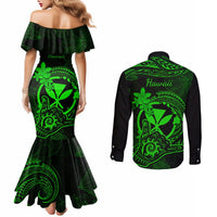 Hawaii Couples Matching Mermaid Dress and Long Sleeve Button Shirts Shaka Tattoo Mix Polynesian Plumeria Green Version LT14 - Polynesian Pride