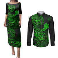 Hawaii Couples Matching Puletasi Dress and Long Sleeve Button Shirts Shaka Tattoo Mix Polynesian Plumeria Green Version LT14 Green - Polynesian Pride