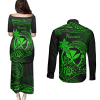 Hawaii Couples Matching Puletasi Dress and Long Sleeve Button Shirts Shaka Tattoo Mix Polynesian Plumeria Green Version LT14 - Polynesian Pride