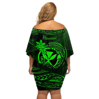 Hawaii Off Shoulder Short Dress Shaka Tattoo Mix Polynesian Plumeria Green Version LT14 - Polynesian Pride
