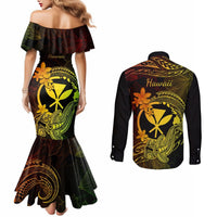 Hawaii Couples Matching Mermaid Dress and Long Sleeve Button Shirts Hammerhead Shark Tattoo Mix Polynesian Plumeria Reggae Version LT14 - Polynesian Pride