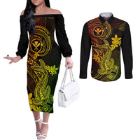 hawaii-couples-matching-off-the-shoulder-long-sleeve-dress-and-long-sleeve-button-shirts-hammerhead-shark-tattoo-mix-polynesian-plumeria-reggae-version