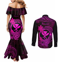 Hawaii Couples Matching Mermaid Dress and Long Sleeve Button Shirts Hammerhead Shark Tattoo Mix Polynesian Plumeria Pink Version LT14 - Polynesian Pride