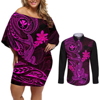 Hawaii Couples Matching Off Shoulder Short Dress and Long Sleeve Button Shirts Hammerhead Shark Tattoo Mix Polynesian Plumeria Pink Version LT14 Pink - Polynesian Pride