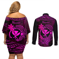Hawaii Couples Matching Off Shoulder Short Dress and Long Sleeve Button Shirts Hammerhead Shark Tattoo Mix Polynesian Plumeria Pink Version LT14 - Polynesian Pride