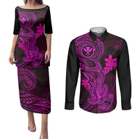 Hawaii Couples Matching Puletasi Dress and Long Sleeve Button Shirts Hammerhead Shark Tattoo Mix Polynesian Plumeria Pink Version LT14 Pink - Polynesian Pride