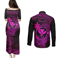 Hawaii Couples Matching Puletasi Dress and Long Sleeve Button Shirts Hammerhead Shark Tattoo Mix Polynesian Plumeria Pink Version LT14 - Polynesian Pride