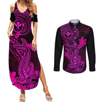 Hawaii Couples Matching Summer Maxi Dress and Long Sleeve Button Shirts Hammerhead Shark Tattoo Mix Polynesian Plumeria Pink Version LT14 Pink - Polynesian Pride