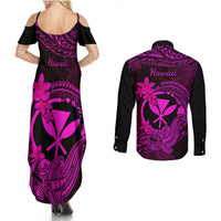 Hawaii Couples Matching Summer Maxi Dress and Long Sleeve Button Shirts Hammerhead Shark Tattoo Mix Polynesian Plumeria Pink Version LT14 - Polynesian Pride