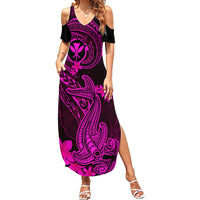 Hawaii Summer Maxi Dress Hammerhead Shark Tattoo Mix Polynesian Plumeria Pink Version LT14 Women Pink - Polynesian Pride