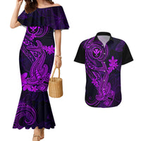 Hawaii Couples Matching Mermaid Dress and Hawaiian Shirt Hammerhead Shark Tattoo Mix Polynesian Plumeria Purple Version LT14 Purple - Polynesian Pride