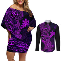 Hawaii Couples Matching Off Shoulder Short Dress and Long Sleeve Button Shirts Hammerhead Shark Tattoo Mix Polynesian Plumeria Purple Version LT14 Purple - Polynesian Pride