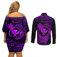 Hawaii Couples Matching Off Shoulder Short Dress and Long Sleeve Button Shirts Hammerhead Shark Tattoo Mix Polynesian Plumeria Purple Version LT14 - Polynesian Pride