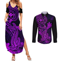 Hawaii Couples Matching Summer Maxi Dress and Long Sleeve Button Shirts Hammerhead Shark Tattoo Mix Polynesian Plumeria Purple Version LT14 Purple - Polynesian Pride