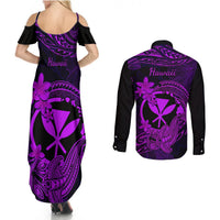 Hawaii Couples Matching Summer Maxi Dress and Long Sleeve Button Shirts Hammerhead Shark Tattoo Mix Polynesian Plumeria Purple Version LT14 - Polynesian Pride