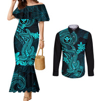 Hawaii Couples Matching Mermaid Dress and Long Sleeve Button Shirts Hammerhead Shark Tattoo Mix Polynesian Plumeria Turquoise Version LT14 Turquoise - Polynesian Pride