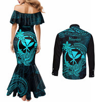 Hawaii Couples Matching Mermaid Dress and Long Sleeve Button Shirts Hammerhead Shark Tattoo Mix Polynesian Plumeria Turquoise Version LT14 - Polynesian Pride
