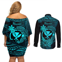 Hawaii Couples Matching Off Shoulder Short Dress and Long Sleeve Button Shirts Hammerhead Shark Tattoo Mix Polynesian Plumeria Turquoise Version LT14 - Polynesian Pride
