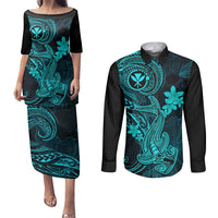 Hawaii Couples Matching Puletasi Dress and Long Sleeve Button Shirts Hammerhead Shark Tattoo Mix Polynesian Plumeria Turquoise Version LT14 Turquoise - Polynesian Pride