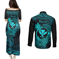 Hawaii Couples Matching Puletasi Dress and Long Sleeve Button Shirts Hammerhead Shark Tattoo Mix Polynesian Plumeria Turquoise Version LT14 - Polynesian Pride