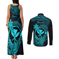 hawaii-couples-matching-tank-maxi-dress-and-long-sleeve-button-shirts-hammerhead-shark-tattoo-mix-polynesian-plumeria-turquoise-version