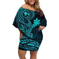 Hawaii Off Shoulder Short Dress Hammerhead Shark Tattoo Mix Polynesian Plumeria Turquoise Version LT14 Women Turquoise - Polynesian Pride
